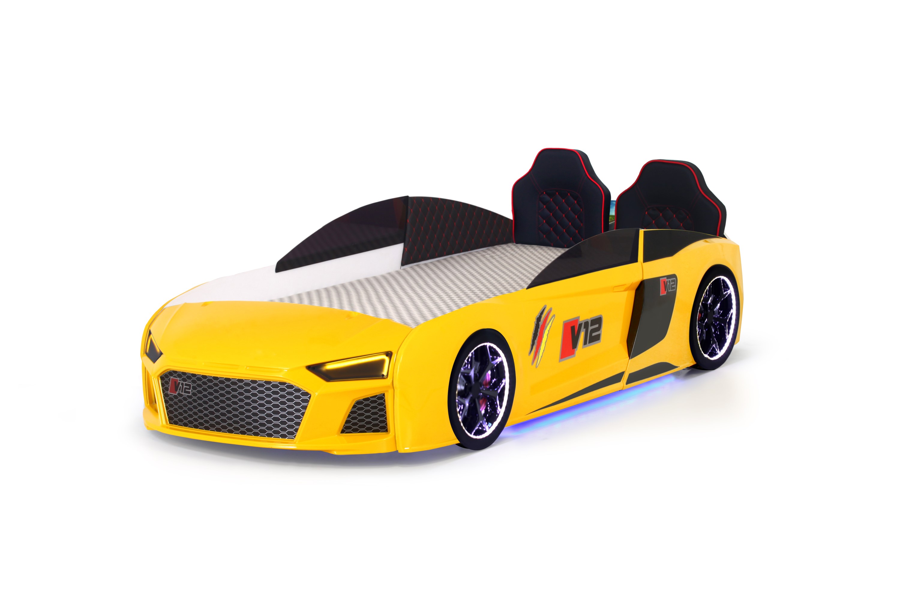 Kinder Autobett V12 Full mit Sound & LED Scheinwerfer Gelb